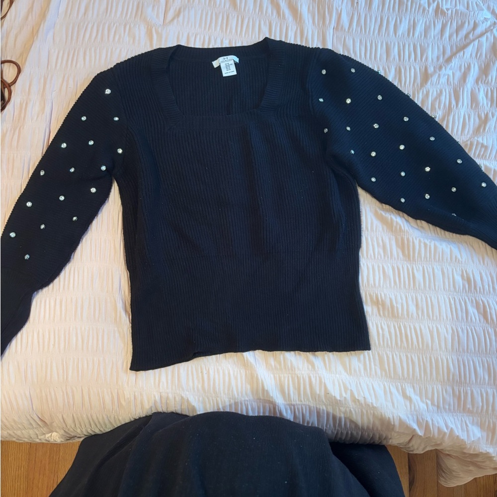 H by Halston Black Sweater with Pearl Details